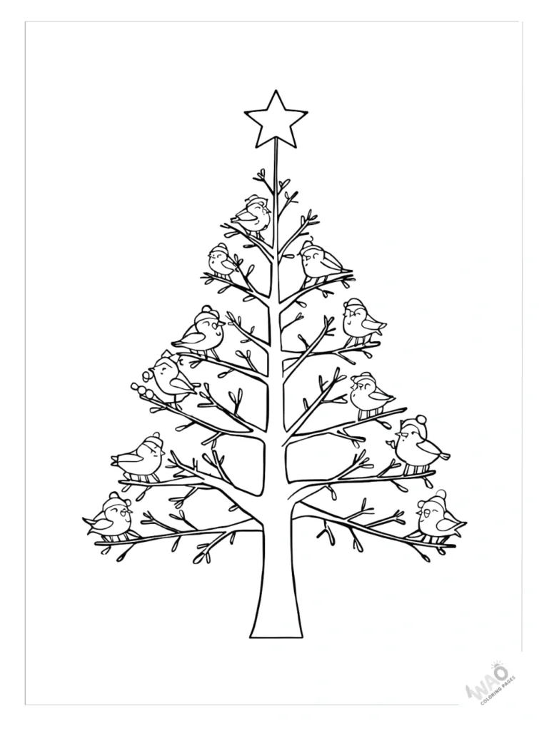 Christmas tree coloring pages with birds.