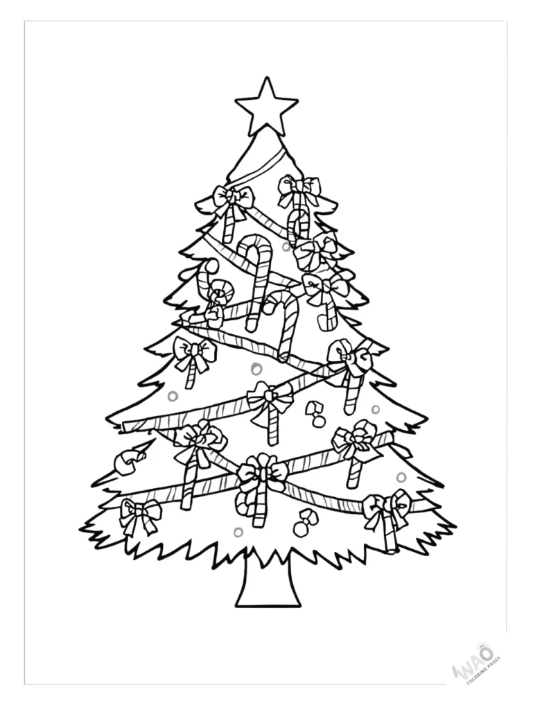 Christmas tree coloring pages decorated with candy canes.