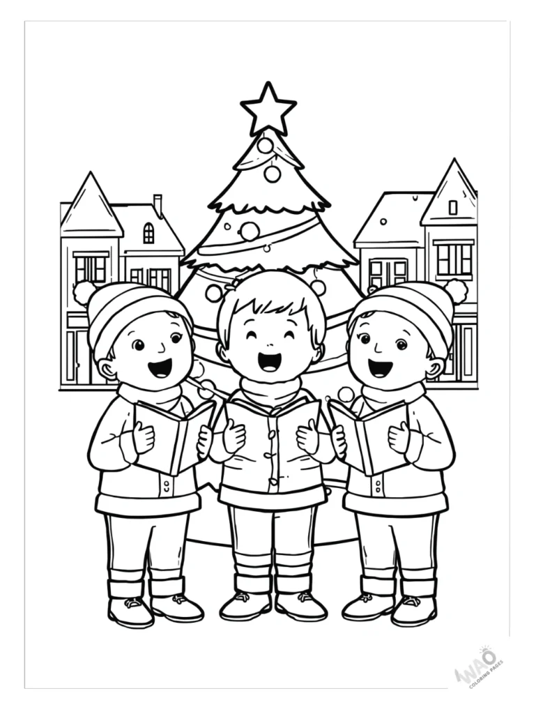 Christmas tree coloring pages with carolers.