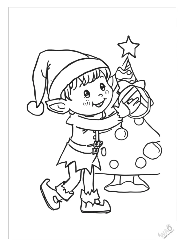 Christmas tree coloring pages with an elf.