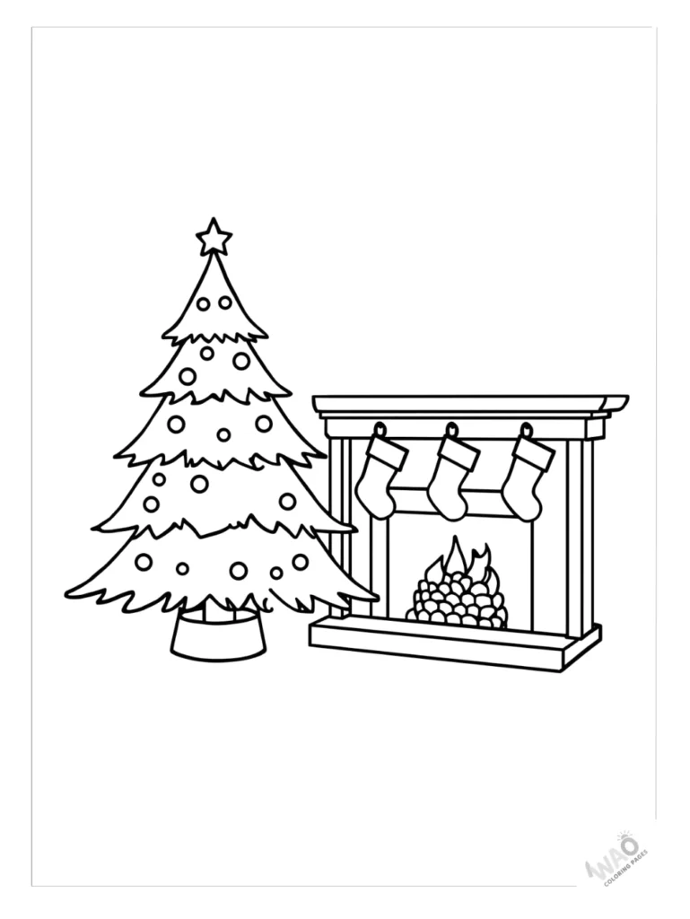 Christmas tree coloring pages by a fireplace.