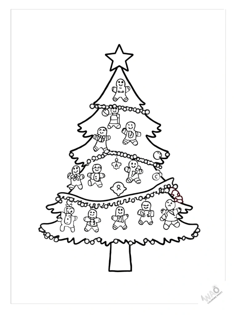 Christmas tree coloring pages with gingerbread cookies.