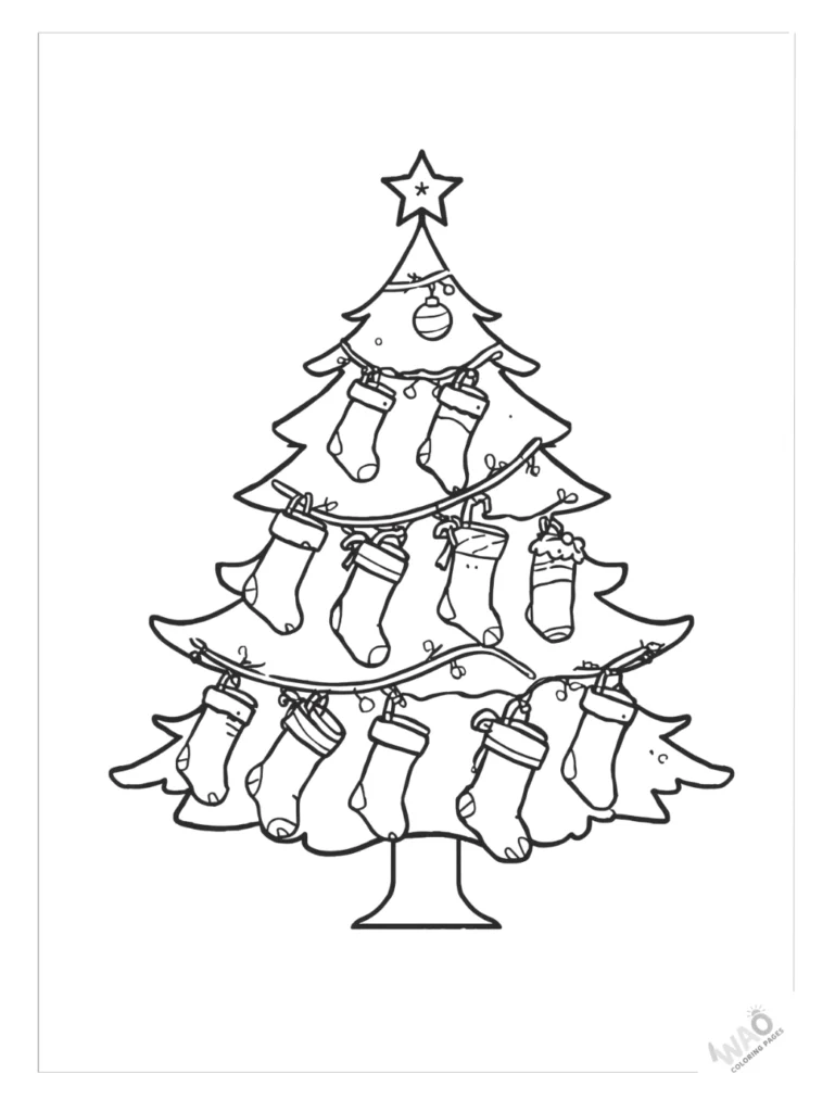 Christmas tree coloring pages with stockings.