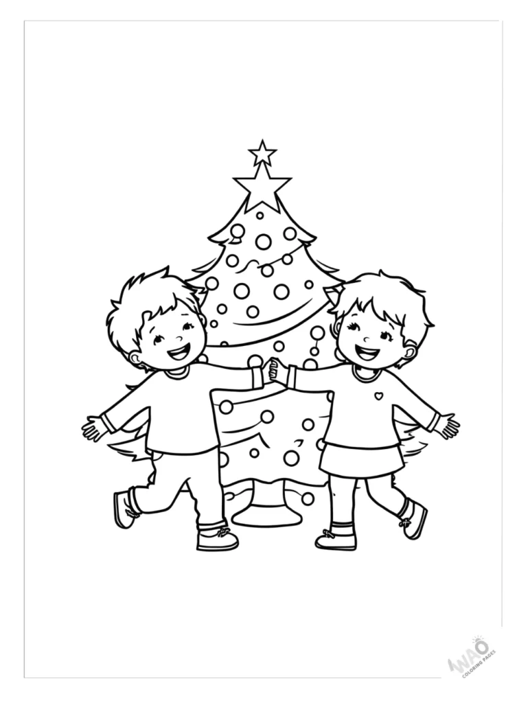 Christmas tree coloring pages with kids dancing.