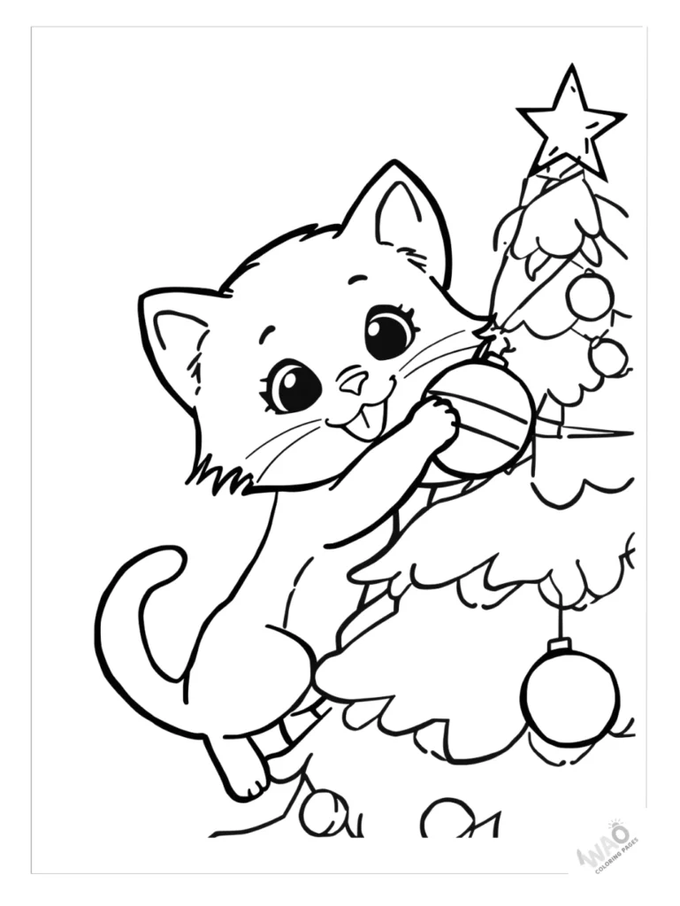 Christmas tree coloring pages with a playful kitten.