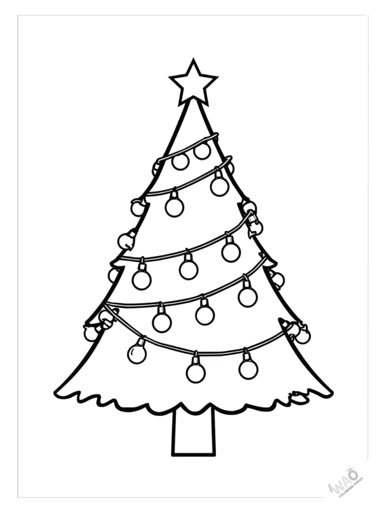 Christmas tree coloring pages with string lights.