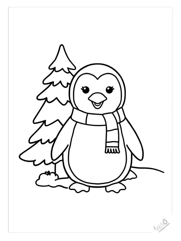 Christmas tree coloring pages with a penguin.