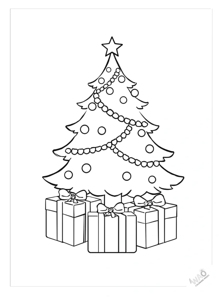 Christmas tree coloring pages with gifts underneath.