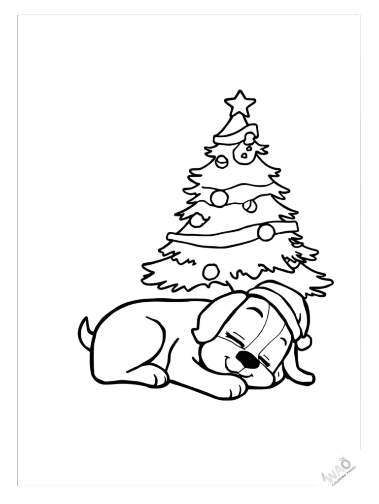 Christmas tree coloring pages with a cute puppy.