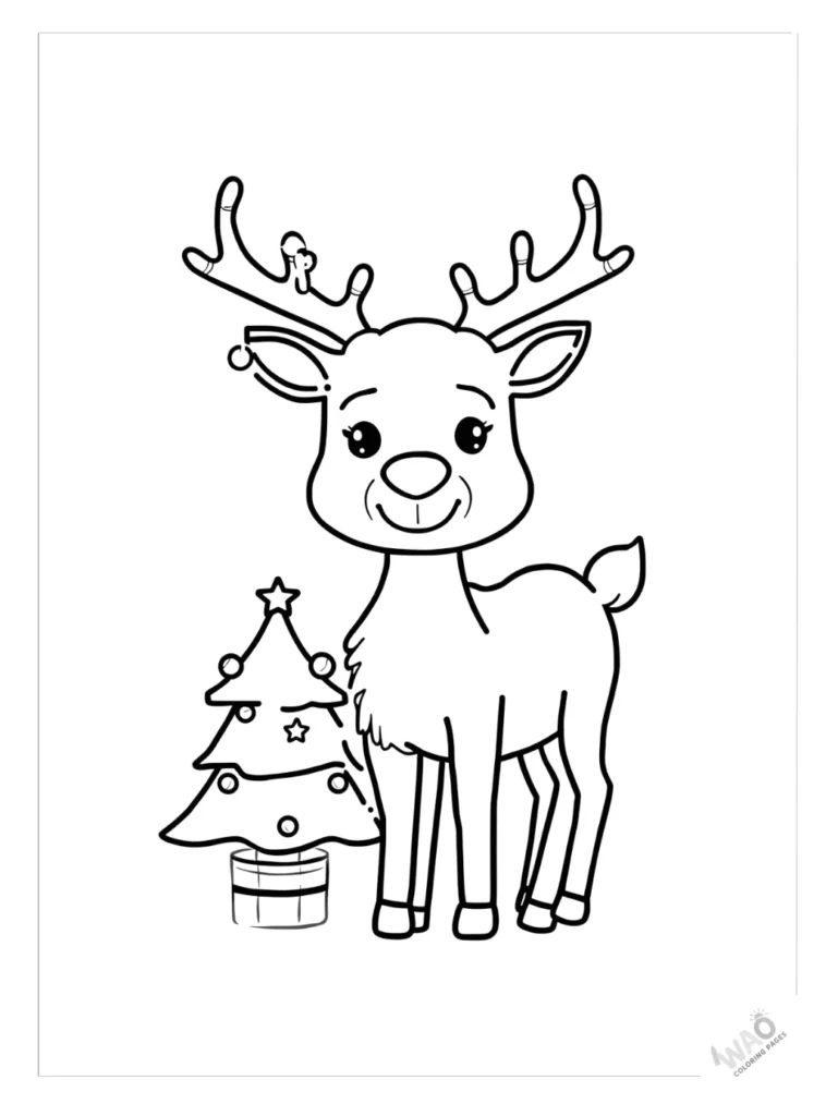 Christmas tree coloring pages with a reindeer.
