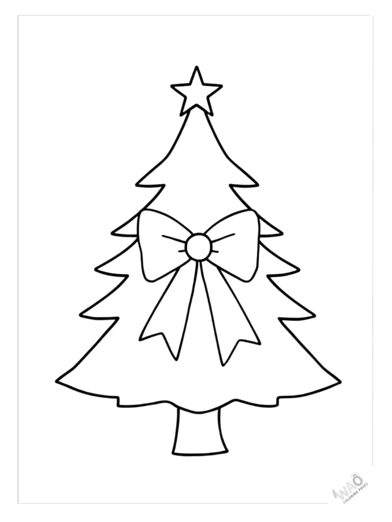 Christmas tree coloring pages with a big ribbon bow.