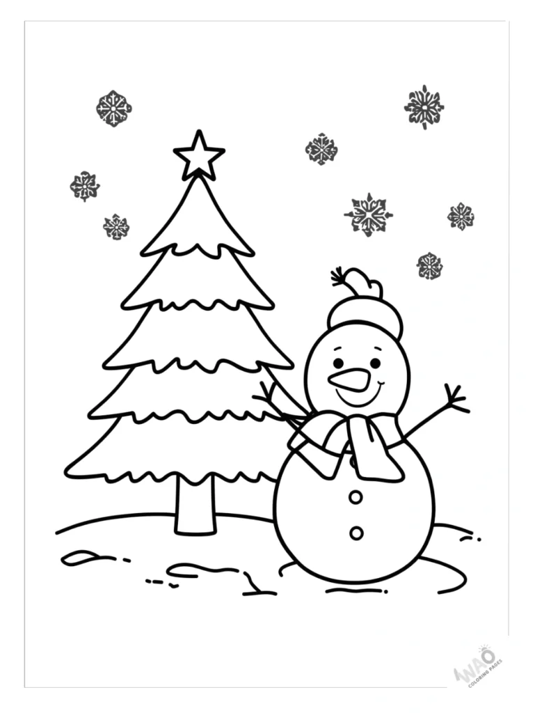 Christmas tree coloring pages with a snowman.