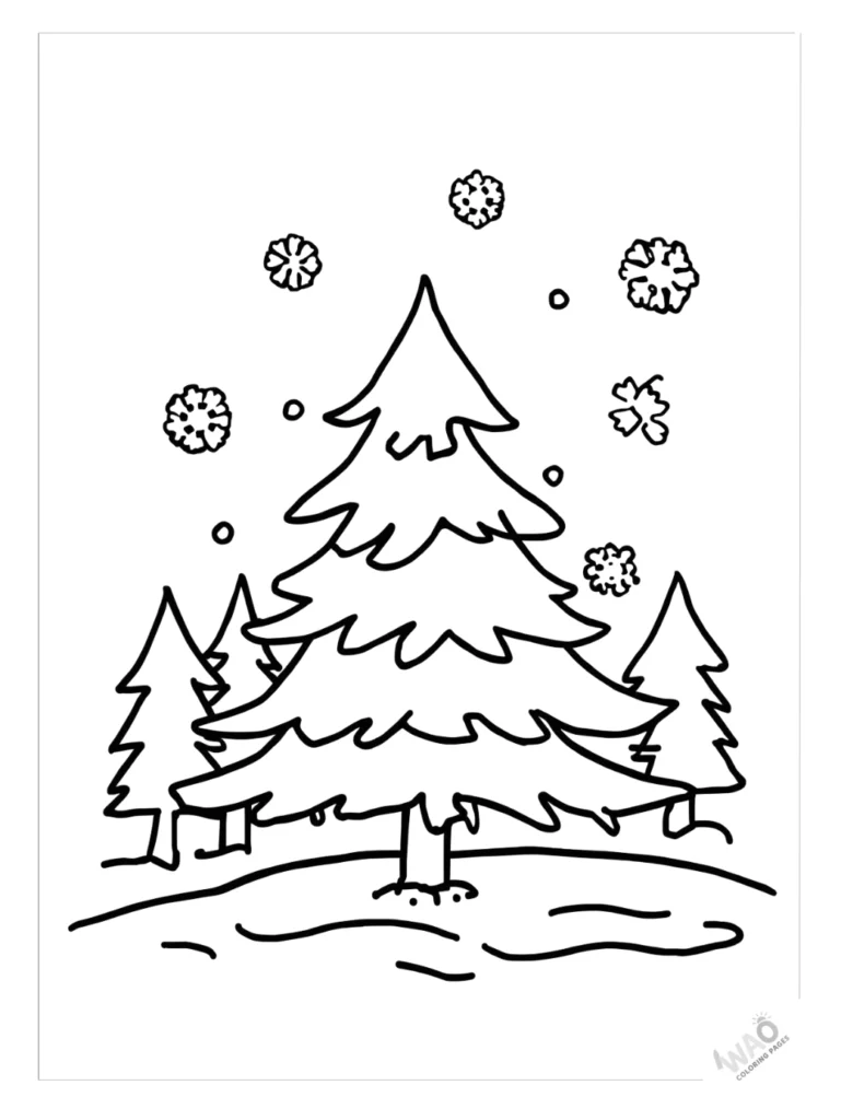 Christmas tree coloring pages in a snowy forest.
