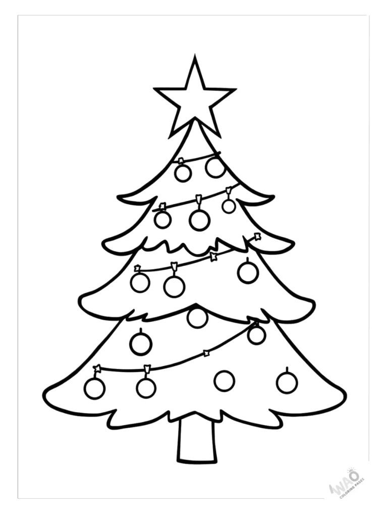 Christmas tree coloring pages with a big star on top.