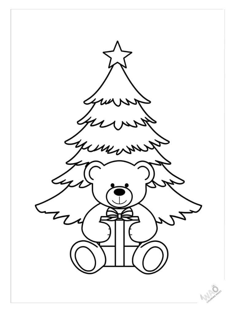 Christmas tree coloring pages with a teddy bear.