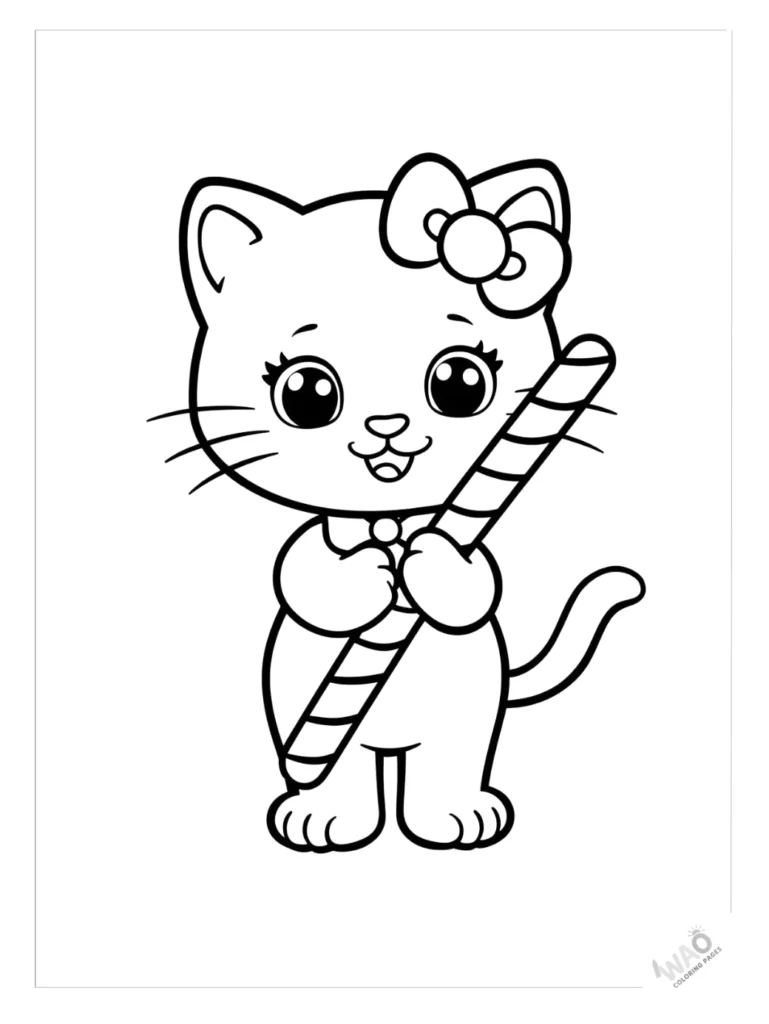 Hello Kitty Christmas coloring pages with candy cane.
