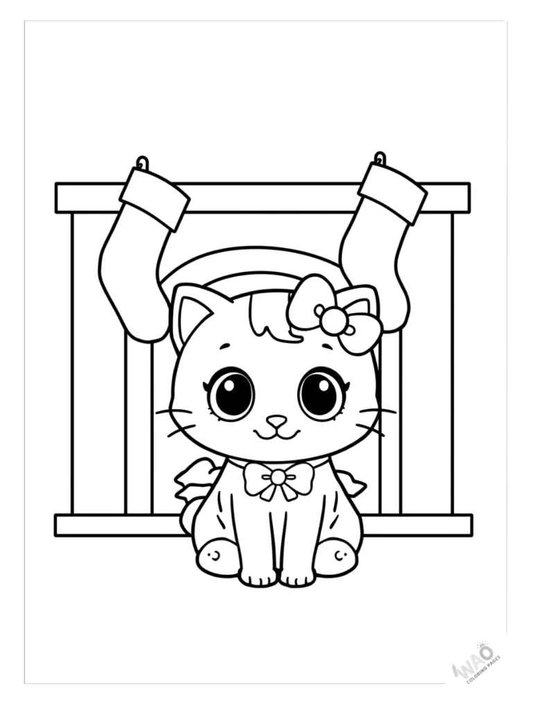Hello Kitty Christmas coloring pages sitting by the fireplace.