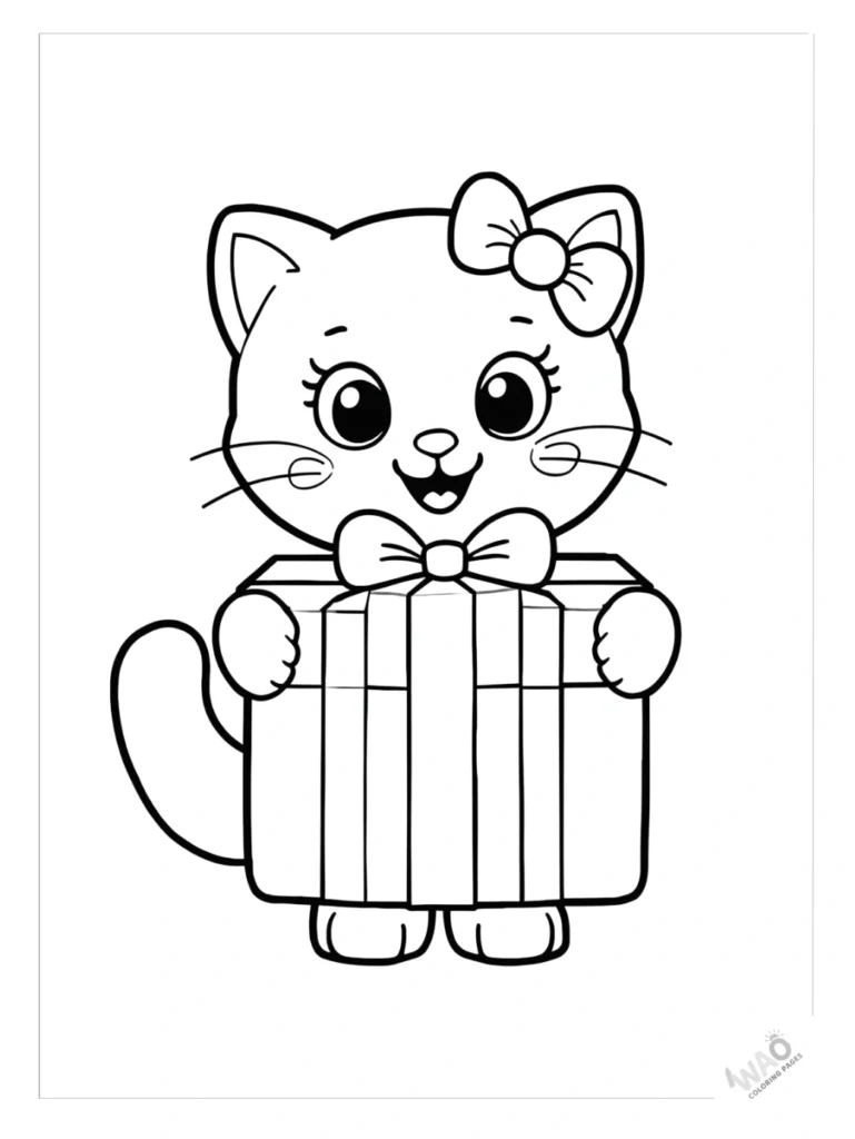 Hello Kitty Christmas coloring pages holding a big present.