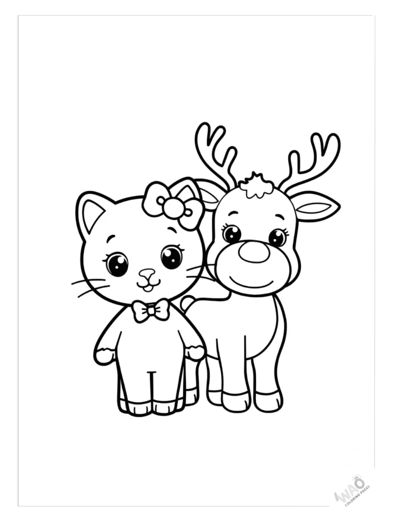 Hello Kitty Christmas coloring pages with a reindeer.