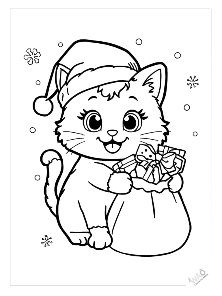 Hello Kitty Christmas coloring pages dressed as Santa with toys.