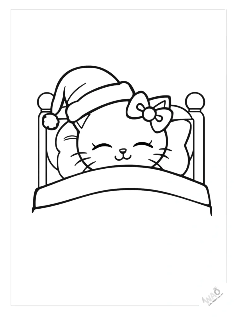 Hello Kitty Christmas coloring pages sleeping in bed.