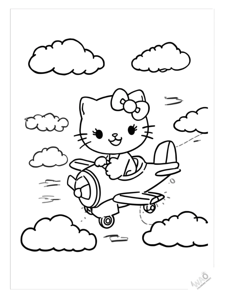 Hello Kitty coloring pages flying a plane.