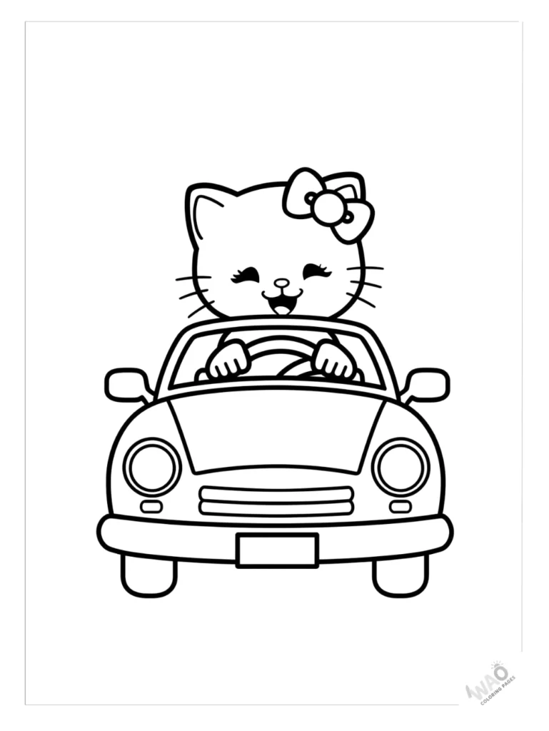 Hello Kitty coloring pages driving a car.