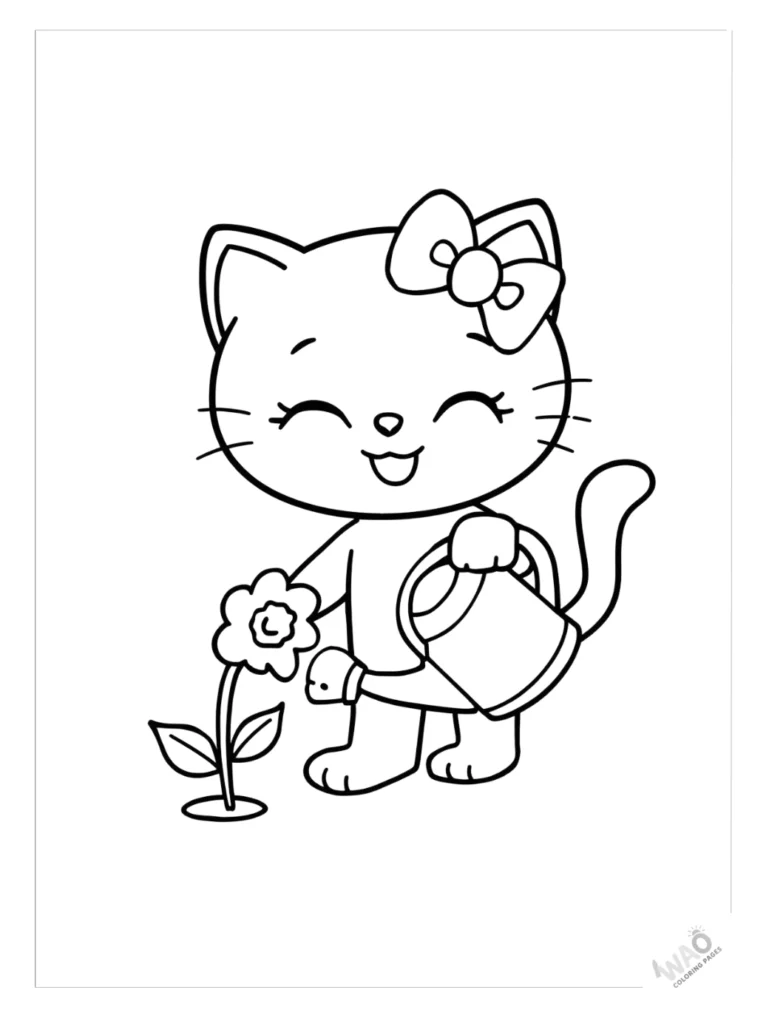 Hello Kitty coloring pages watering flowers.